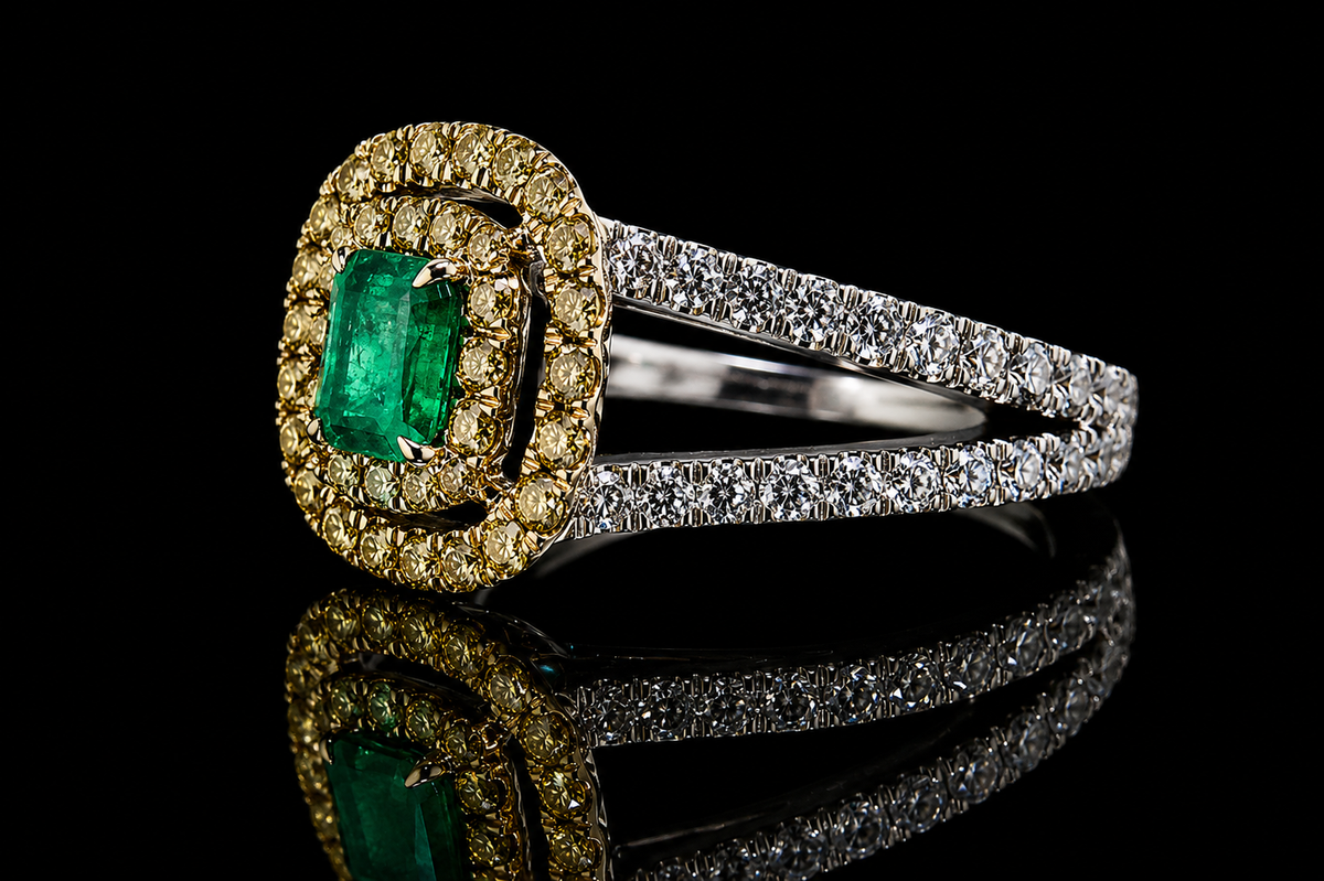 Emerald Cut Emerald Double Yellow Diamond Halo Ring (eng170)