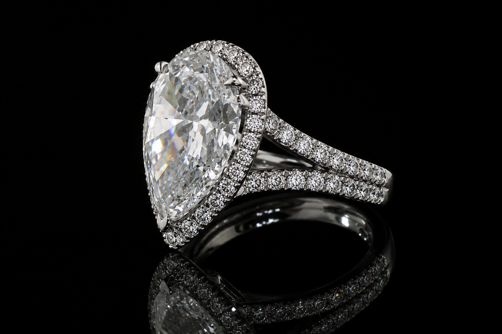 Pear Shaped Diamond Halo Ring with Split Pavé Band (eng529)