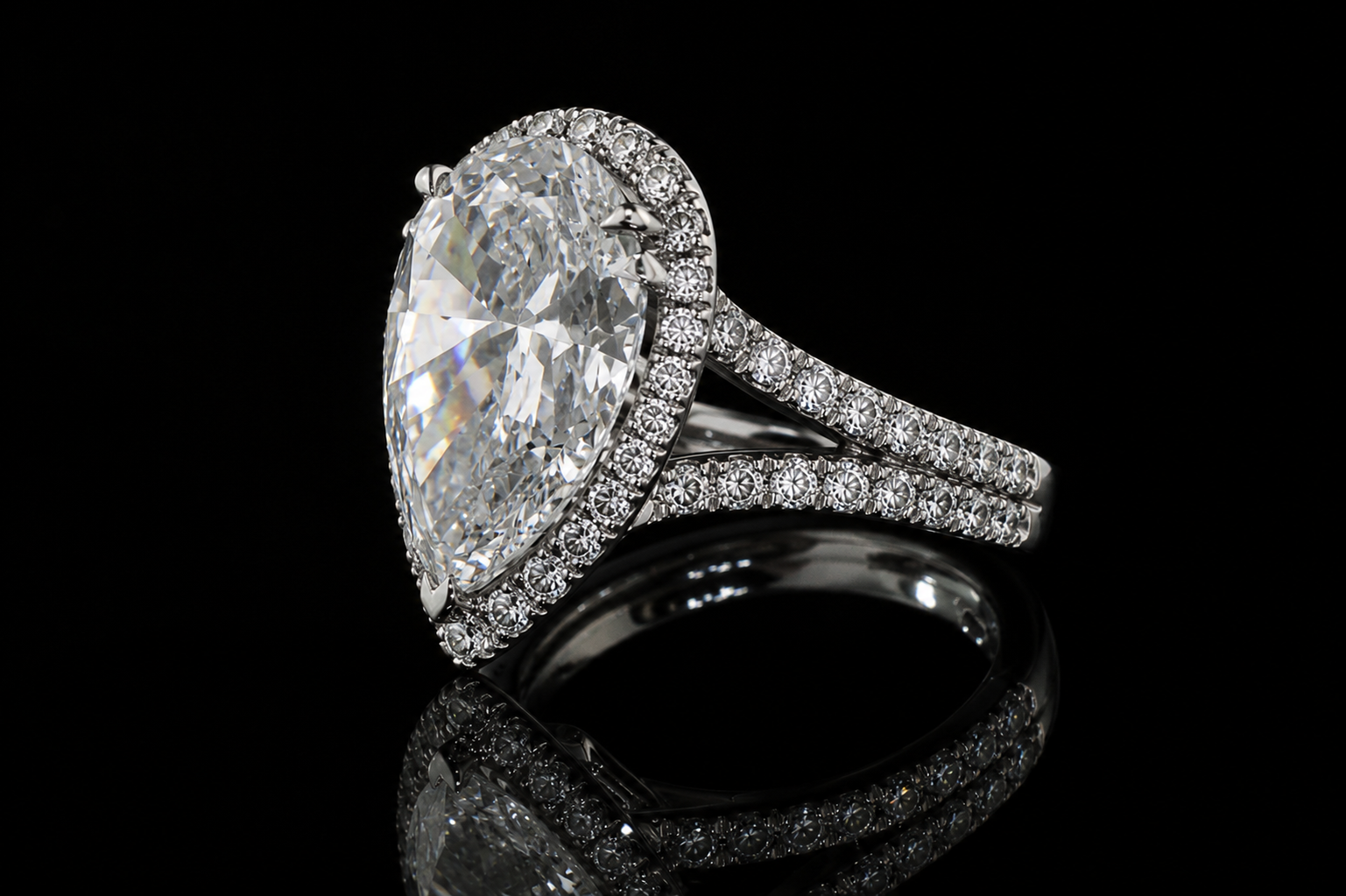 Pear Shaped Diamond Halo Ring with Split Pavé Band (eng529)