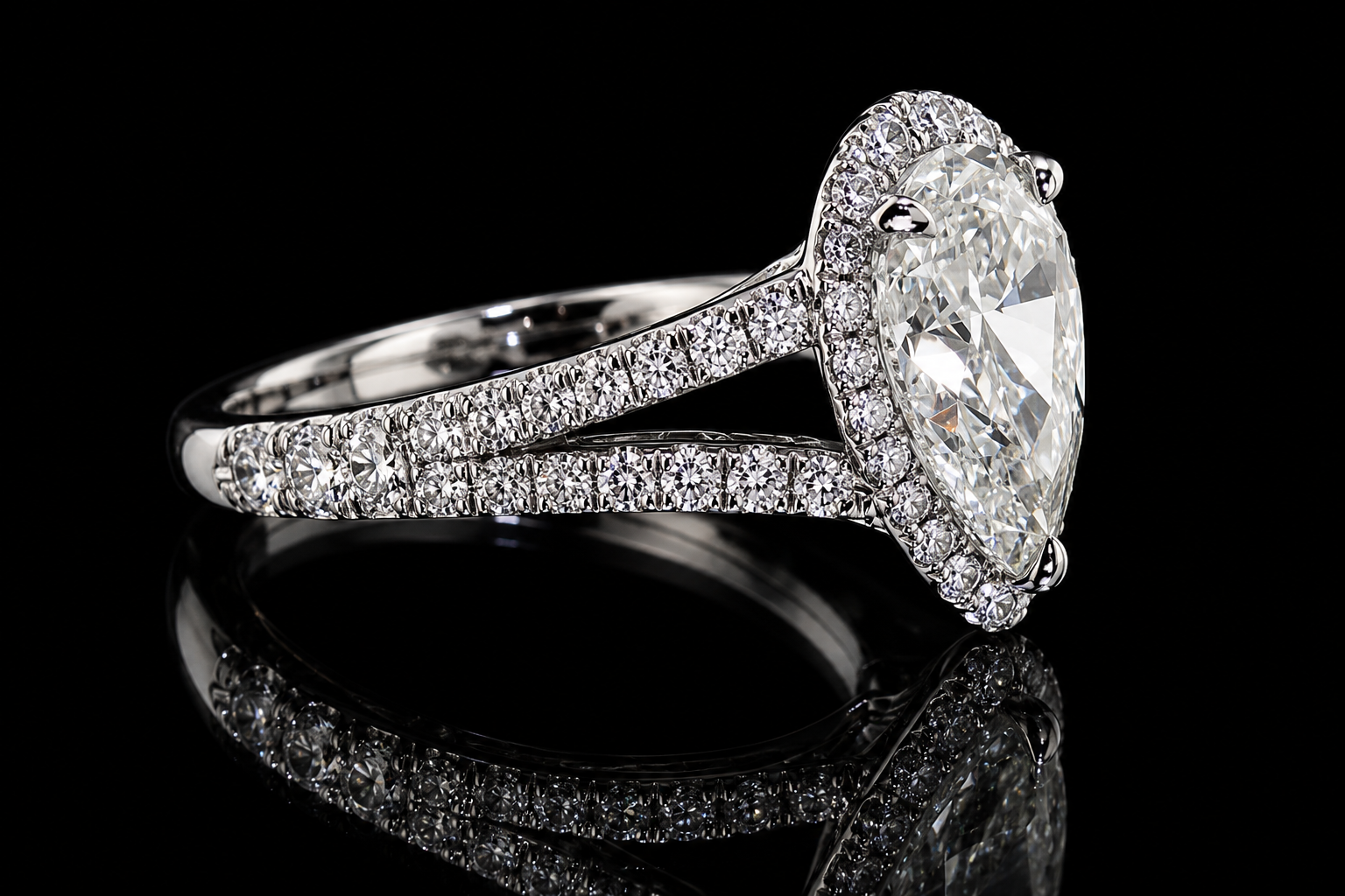 Pear Shape Diamond Halo Split Shank Ring (eng007)