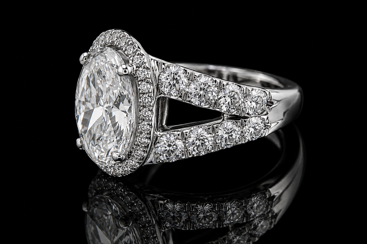 Oval Diamond Halo Split Shank Engagement Ring (eng205)