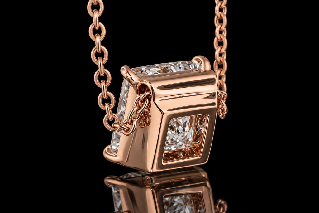 14K Rose Gold Princess-Cut Diamond Necklace (pend081)