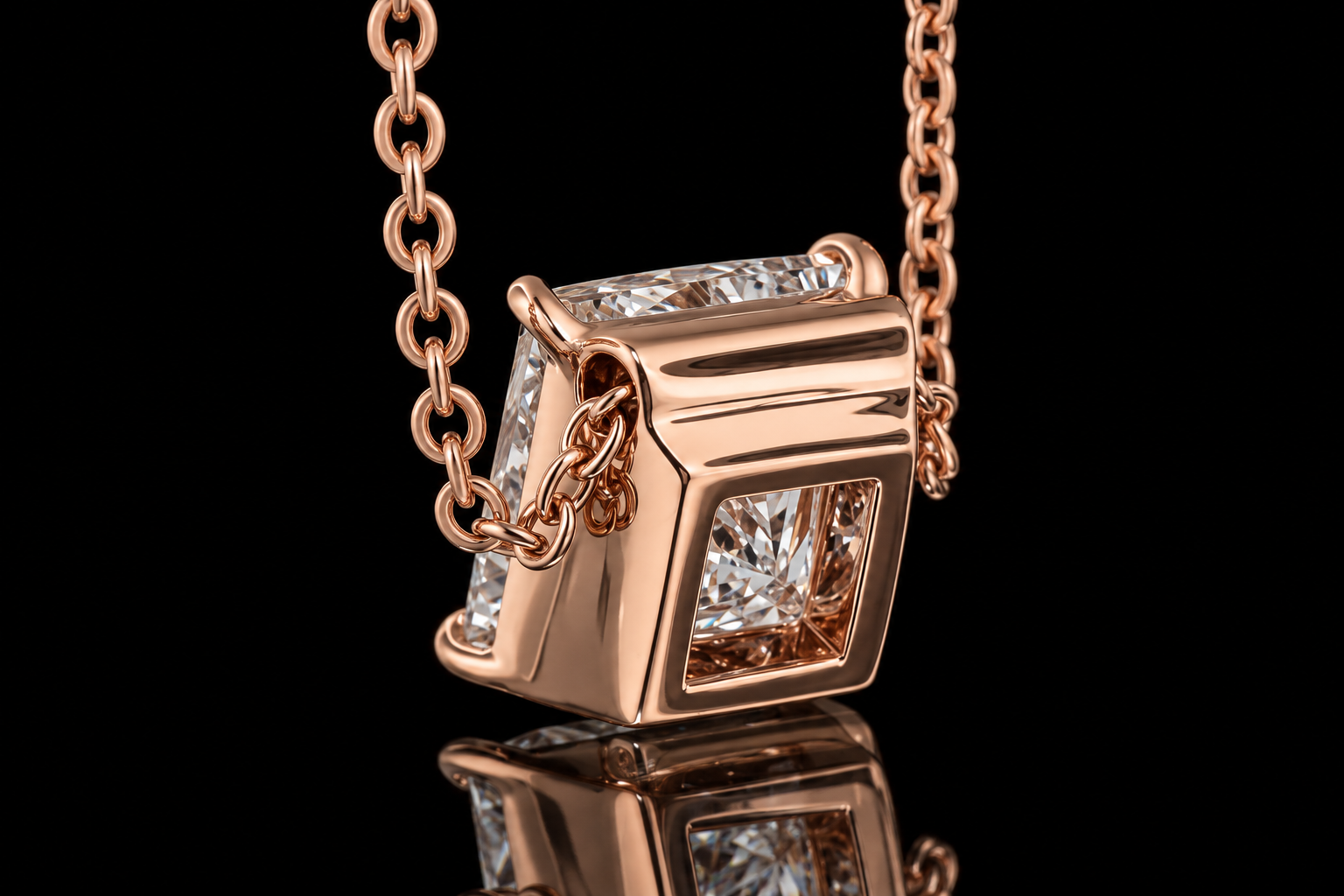 14K Rose Gold Princess-Cut Diamond Necklace (pend081)