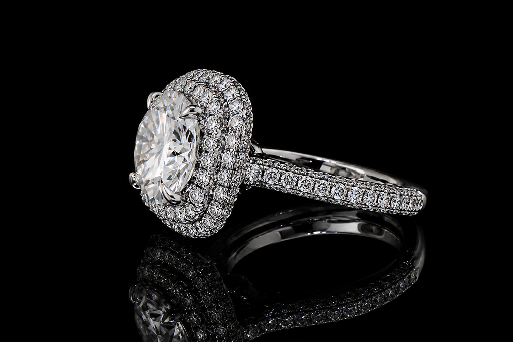 Round Brilliant Diamond Double Halo Ring with Pavé Band (eng545)