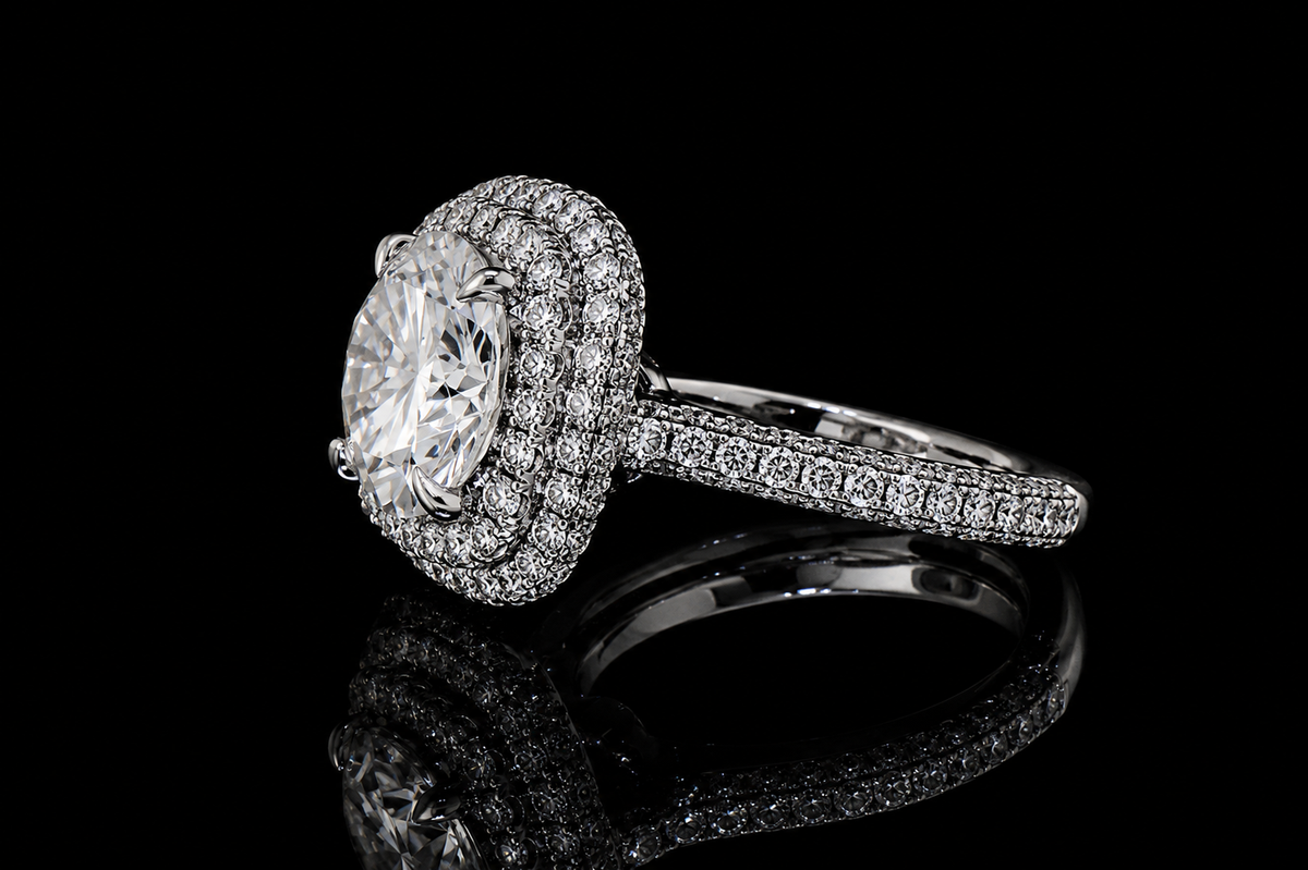 Round Brilliant Diamond Double Halo Ring with Pavé Band (eng545)