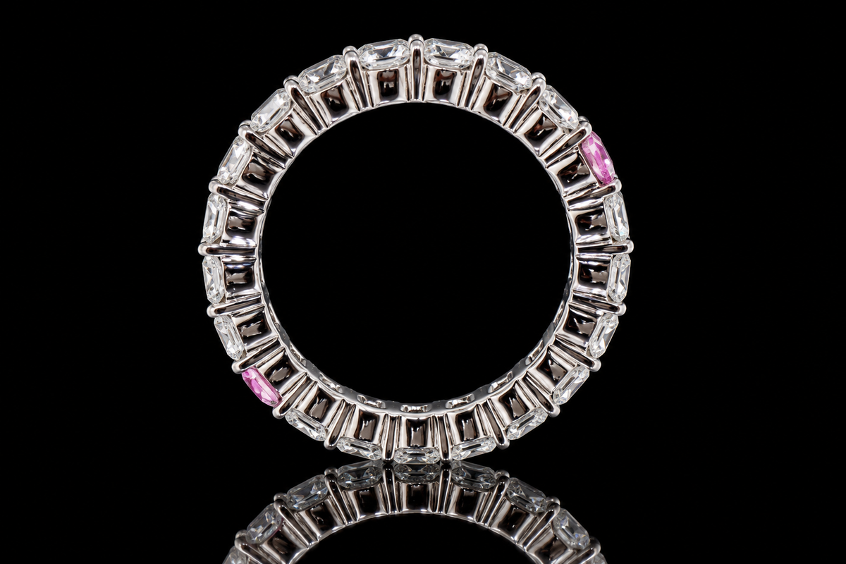 Round Brilliant Diamond Eternity Band with Pink Diamond Accents (band169)