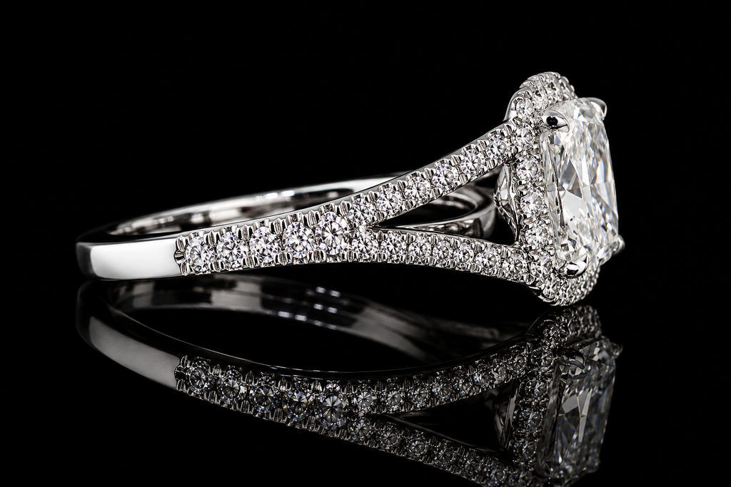 Cushion Cut Diamond Halo Split Shank Engagement Ring (eng034)