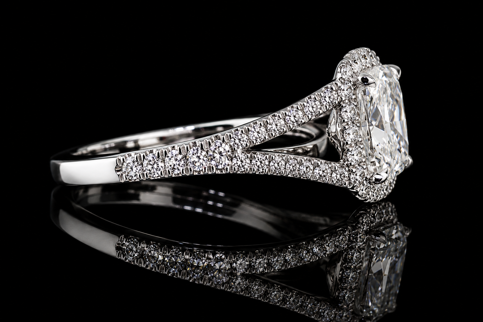 Cushion Cut Diamond Halo Split Shank Engagement Ring (eng034)