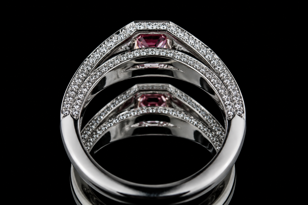 Emerald Cut Pink  Diamond Halo Split Shank Ring (eng129)
