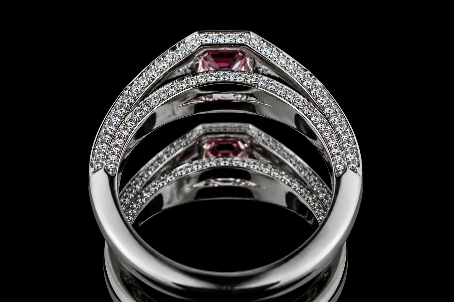 Emerald Cut Pink  Diamond Halo Split Shank Ring (eng129)