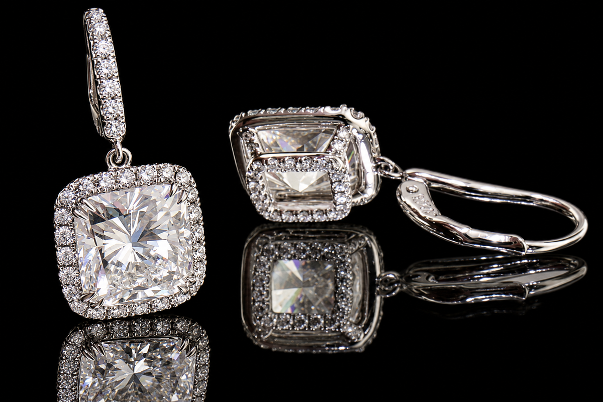 Cushion-Cut Diamond Micropavé Halo Drop Earrings (ear066)