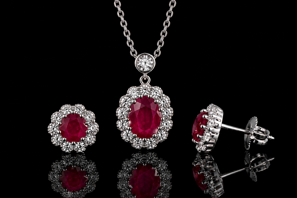 Ruby & Diamond Halo Pendant with Matching Earrings (pend072)