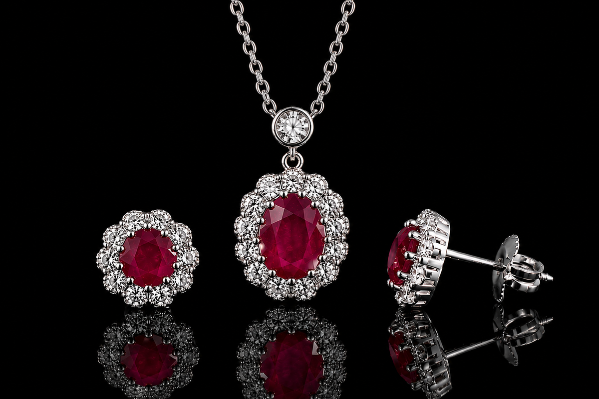 Ruby & Diamond Halo Pendant with Matching Earrings (pend072)