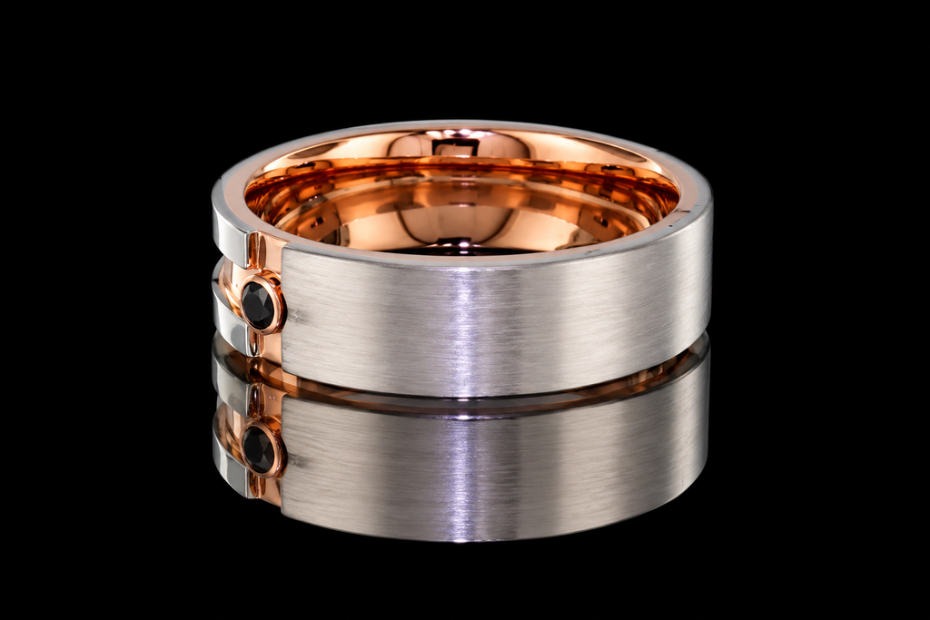 Two-Tone Rose Gold and Platinum Black Diamond Men's Band (band174)