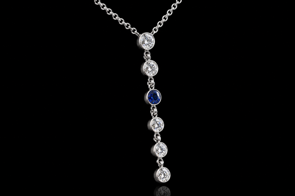 14K White Gold Diamond & Sapphire Drop Necklace (pend036)