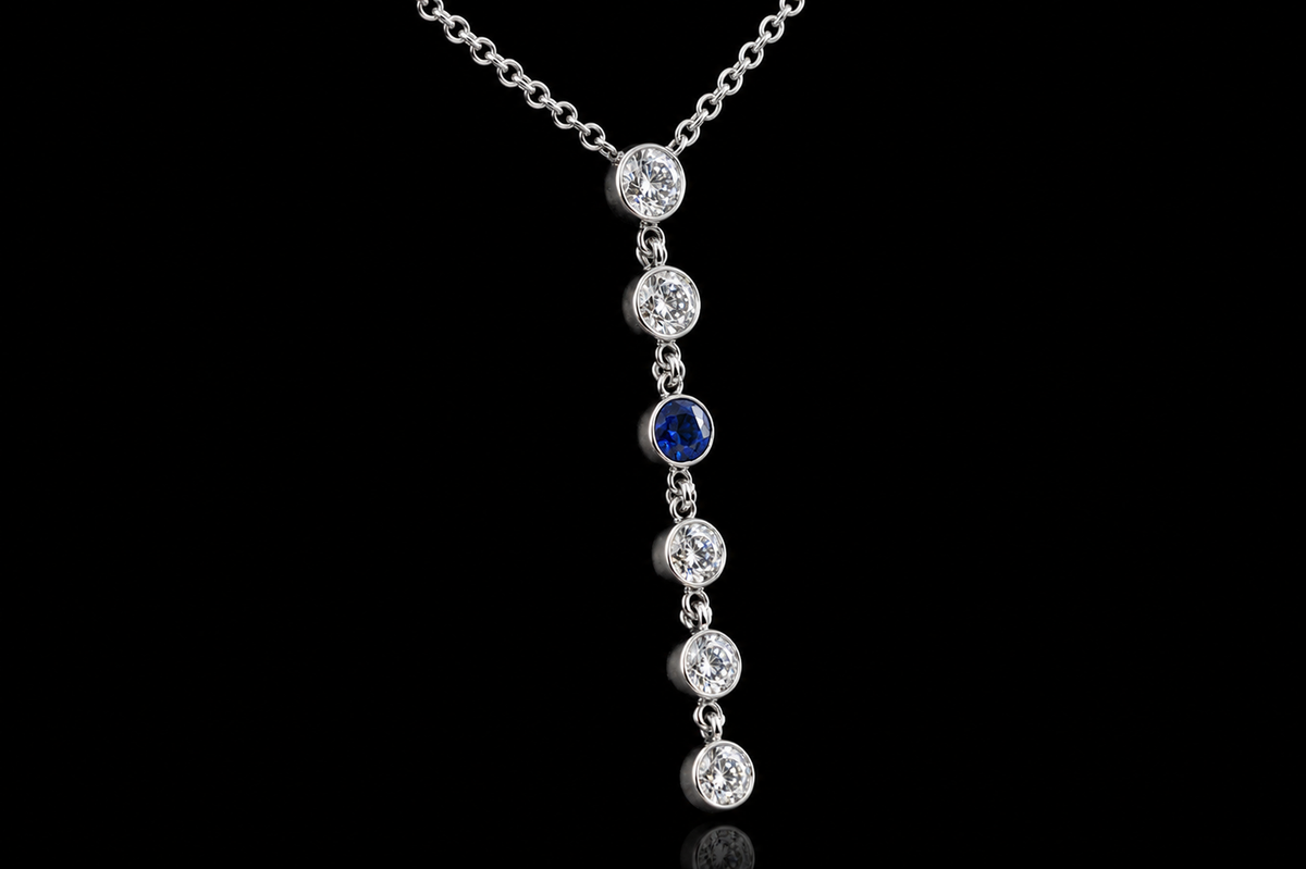 14K White Gold Diamond & Sapphire Drop Necklace (pend036)