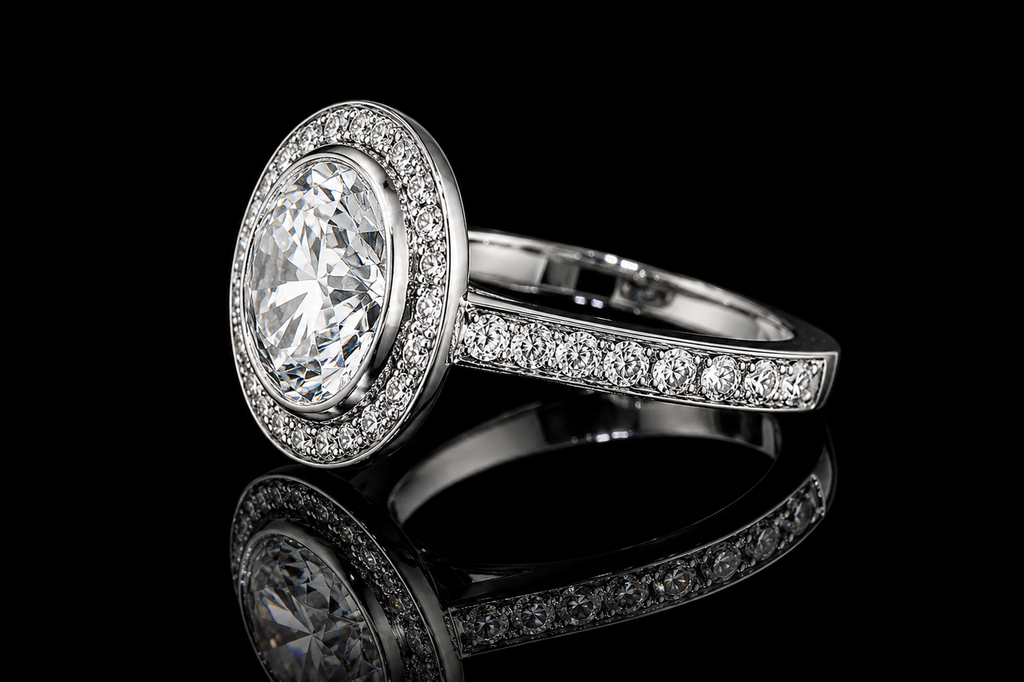 Round Brilliant Diamond Bezel Halo Ring with Pavé Band (eng523)