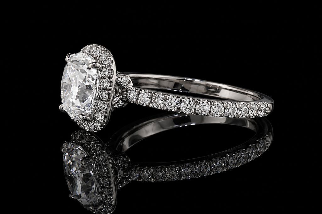 Cushion Cut Diamond Halo Ring with Pavé Band (eng511)