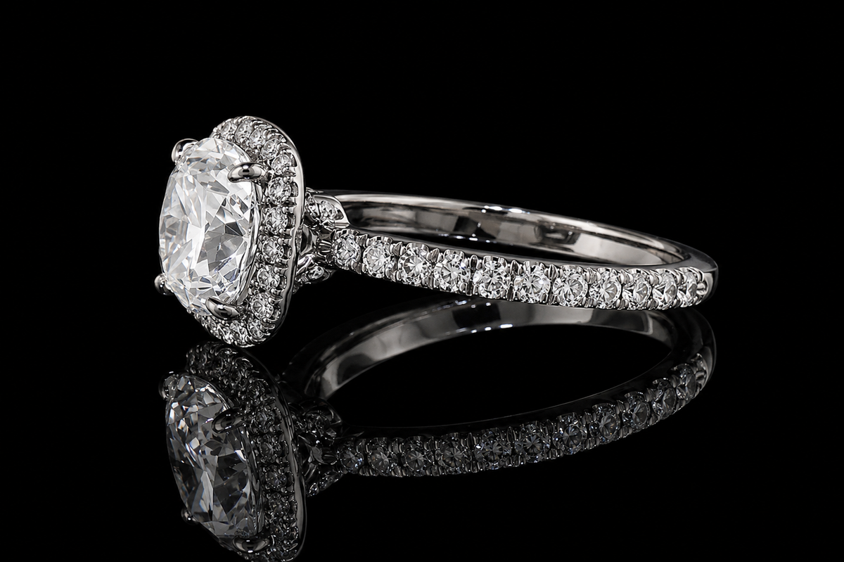 Cushion Cut Diamond Halo Ring with Pavé Band (eng511)