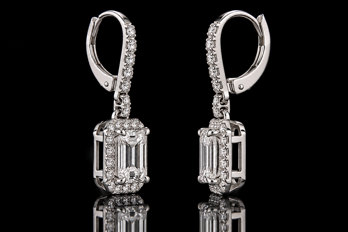 Emerald Cut Micropavé Halo Earrings (ear041)