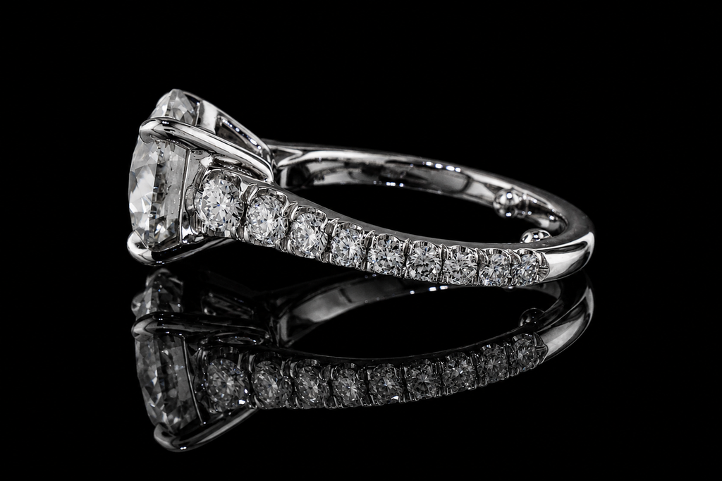 Round Brilliant Diamond Solitaire Ring with Hidden Halo and Pavé Band (eng504)