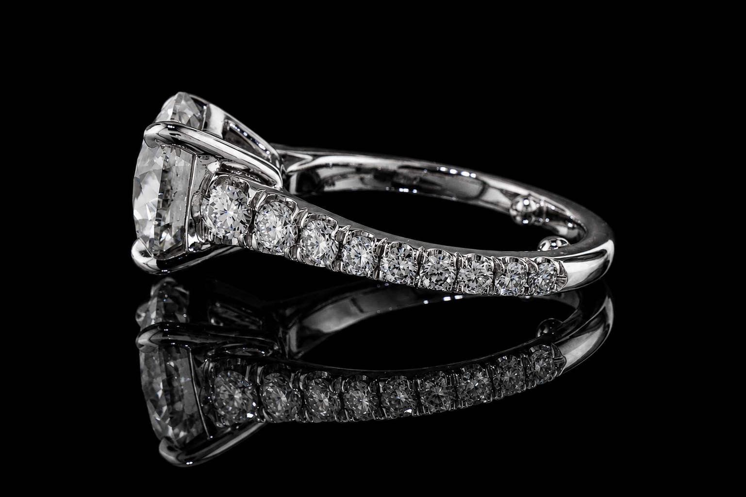 Round Brilliant Diamond Solitaire Ring with Hidden Halo and Pavé Band (eng504)