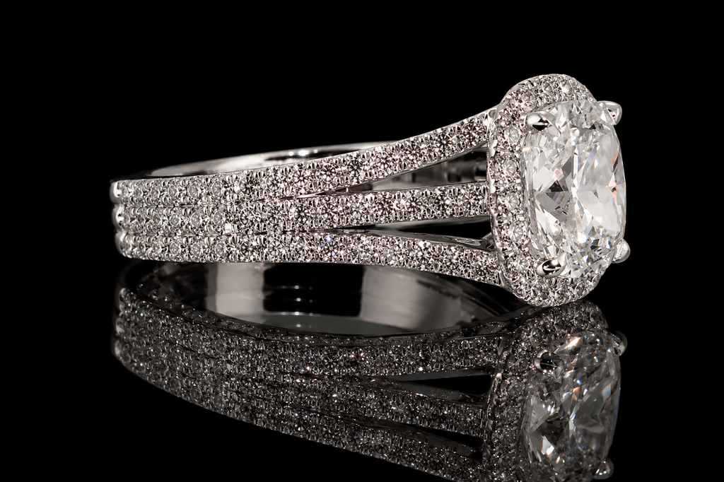 Cushion Cut Diamond Halo Triple Split Shank Engagement Ring (eng036)