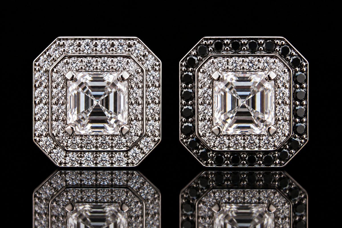 Asscher-Cut Diamond Studs with Removable Halo Jackets (ear025)