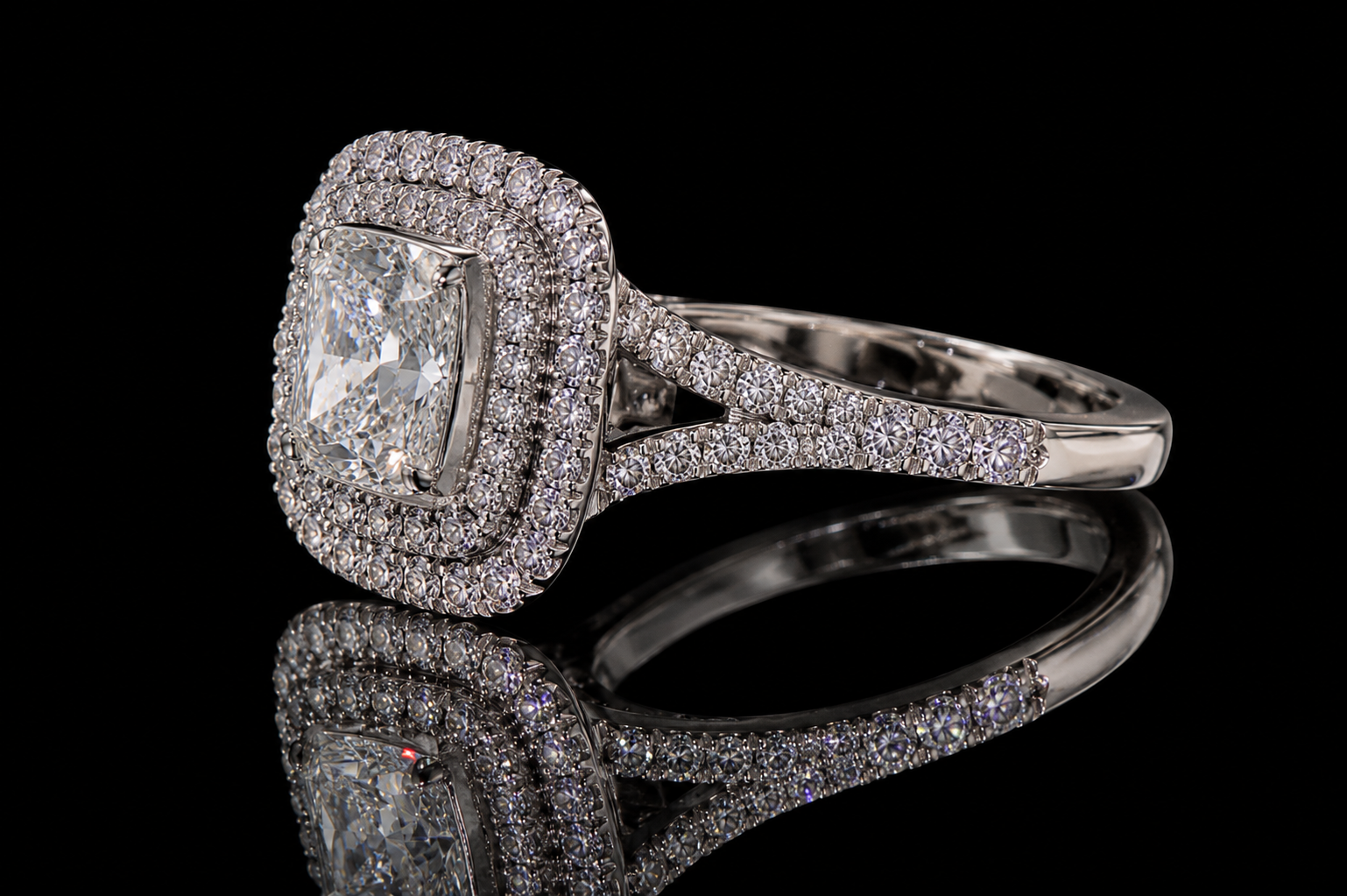 Cushion Cut Diamond Double Halo Split Shank Engagement Ring (eng307)