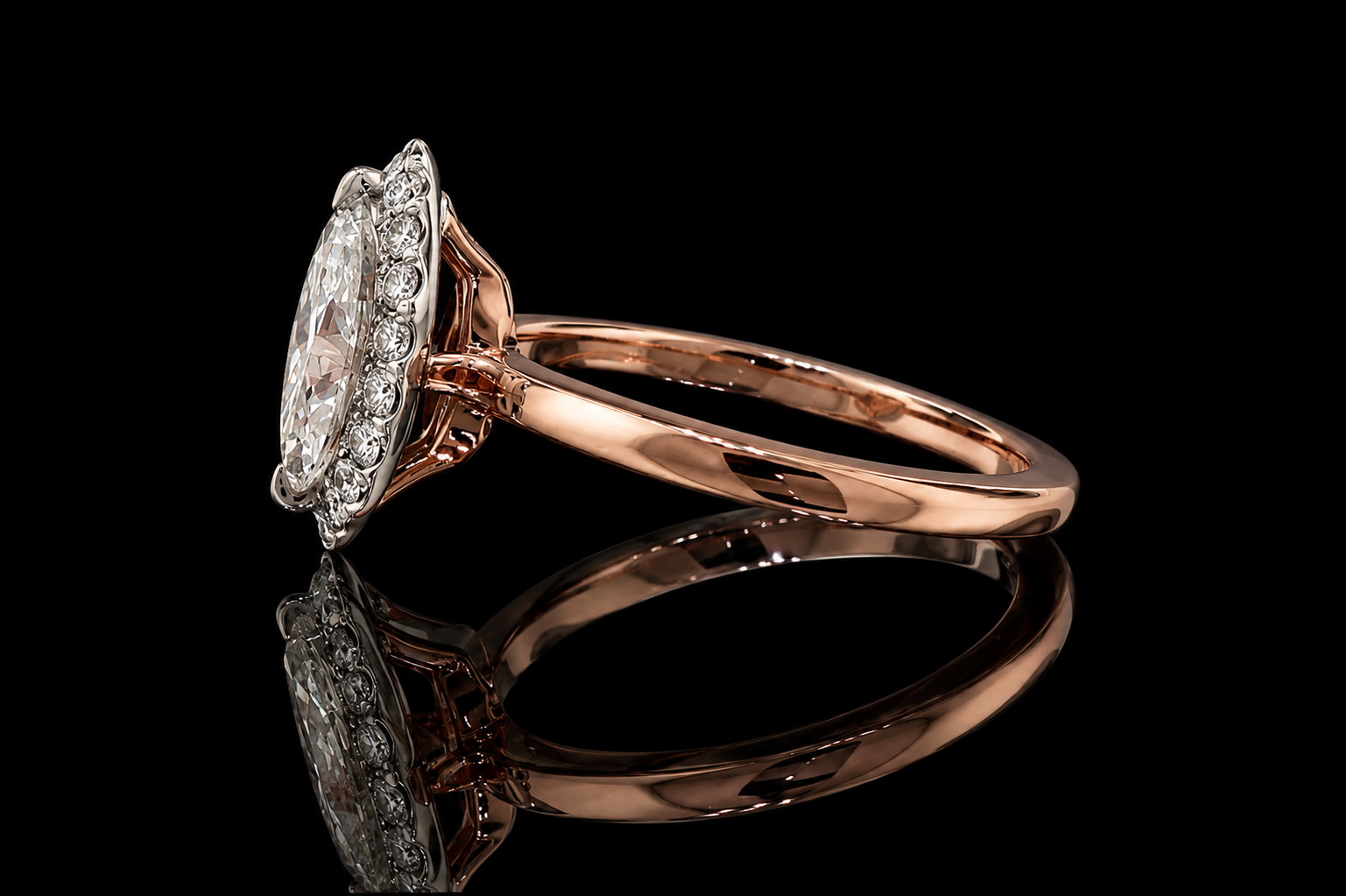 Rose Gold Marquise Diamond Halo Ring (eng498)