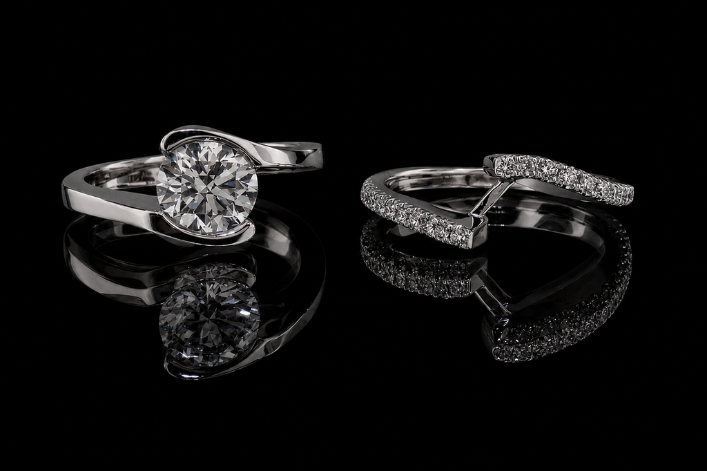 Round Brilliant Diamond Bypass Ring with Pavé Accents (eng460)