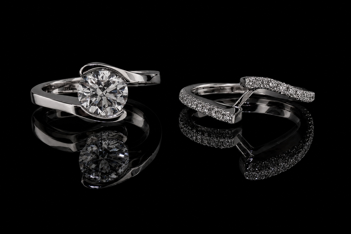 Round Brilliant Diamond Bypass Ring with Pavé Accents (eng460)