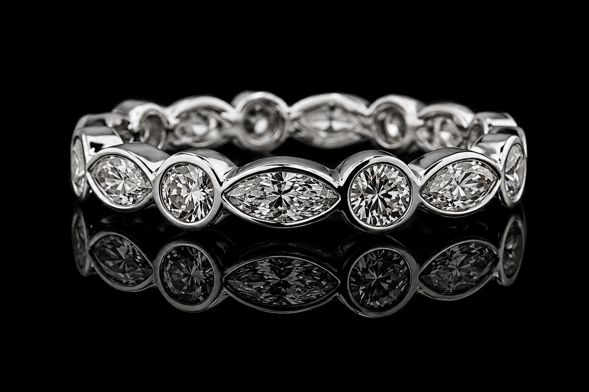 Alternating Marquise & Round Bezel-Set Diamond Band (band045)