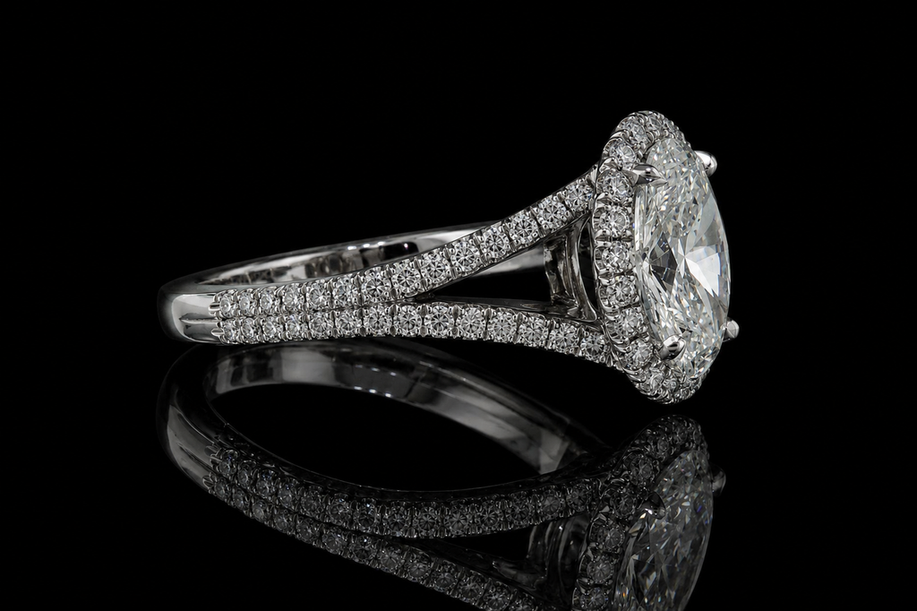 Oval Diamond Halo Split Shank Engagement Ring (eng350)