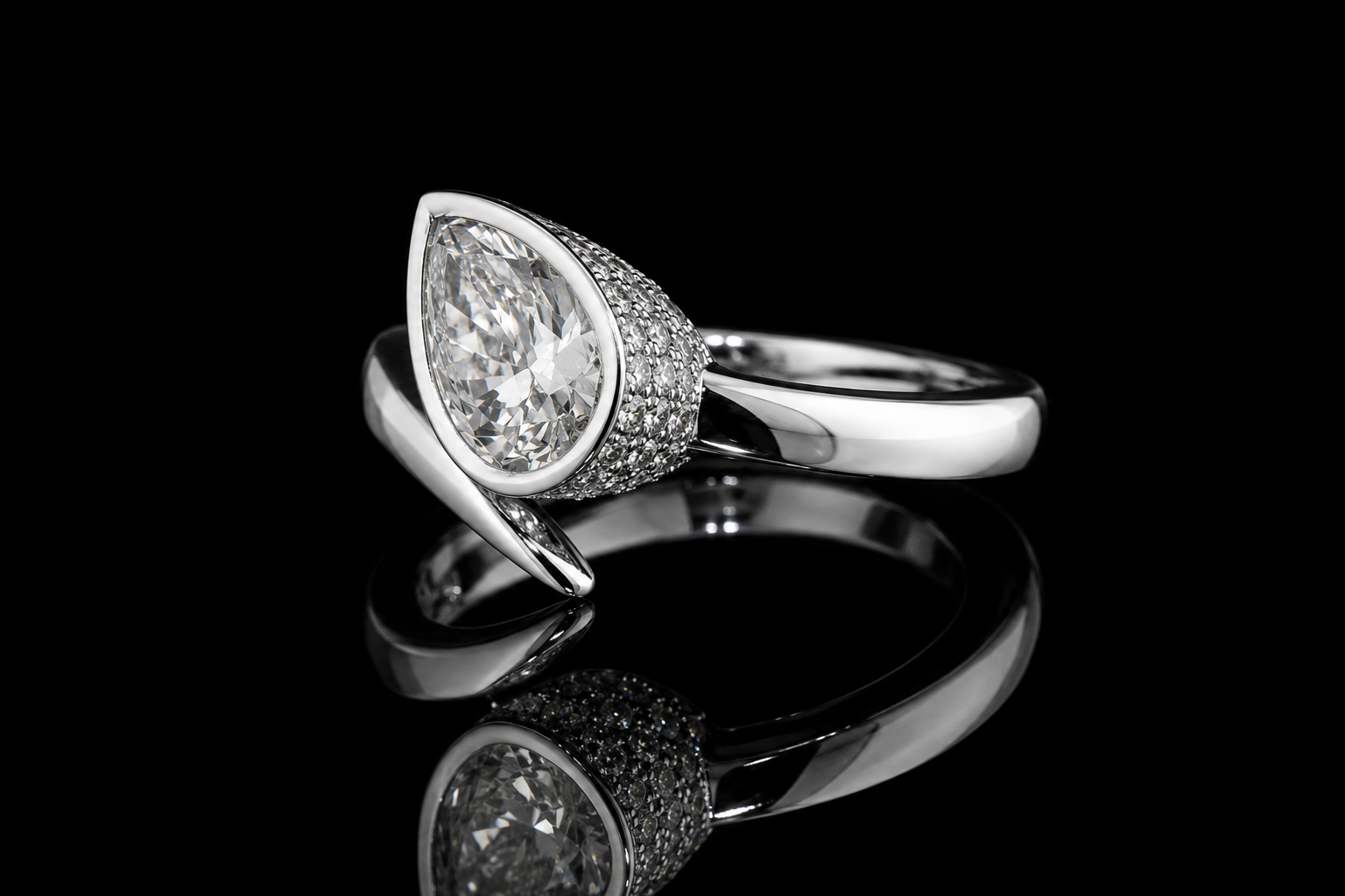 Pear Shaped Bezel Diamond Bypass Ring with Pavé Accents (eng493)