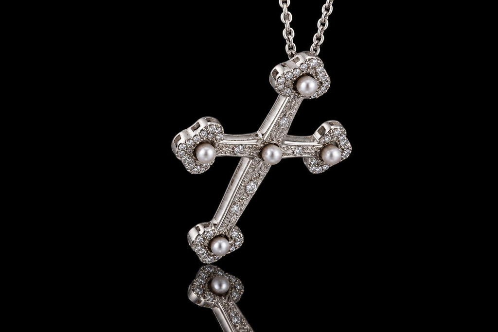 Hand-Engraved Diamond & Pearl Cross Pendant (pend086)
