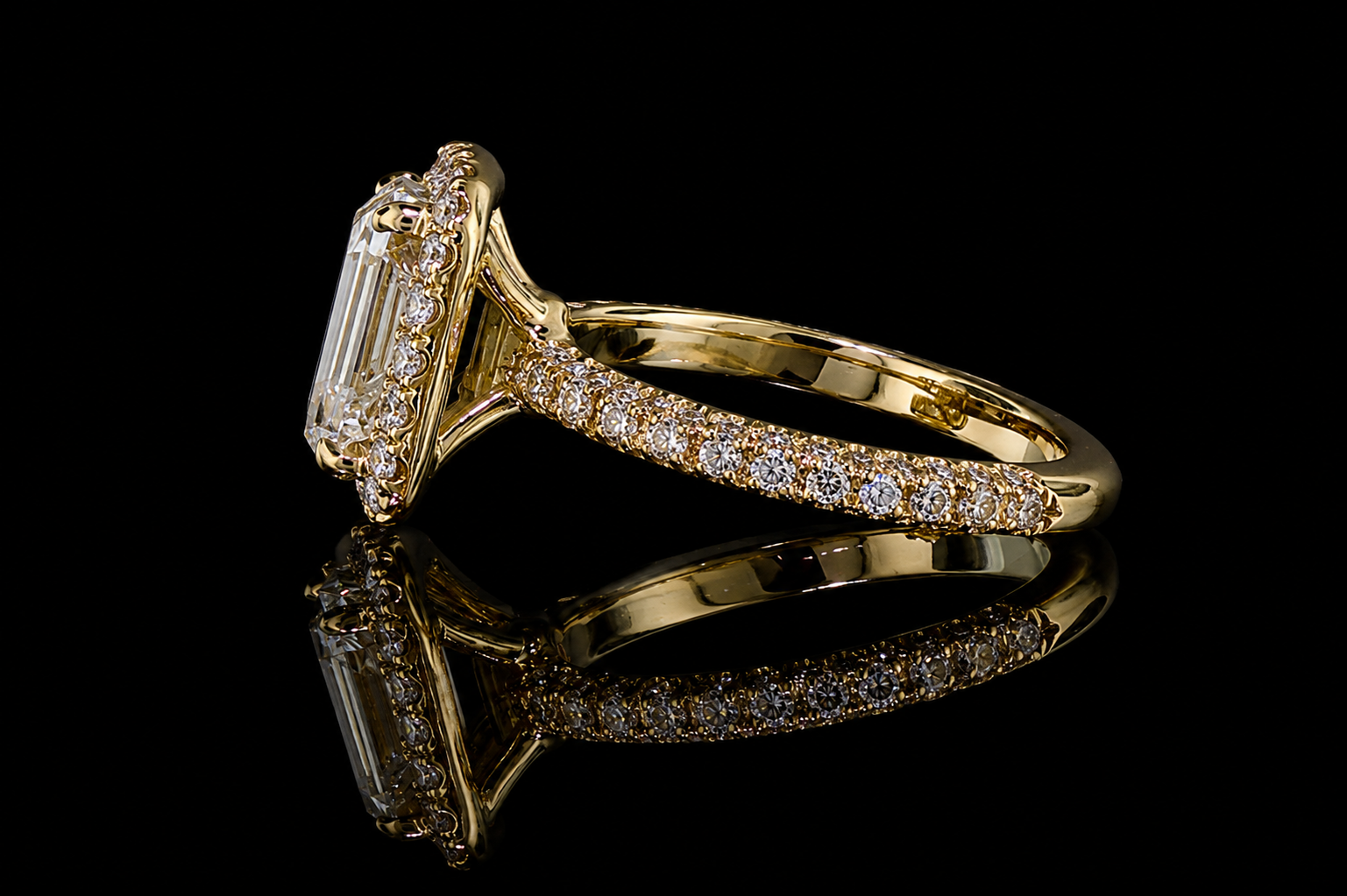 Yellow Gold Emerald Cut Diamond Halo Ring with Pavé Band (eng478)
