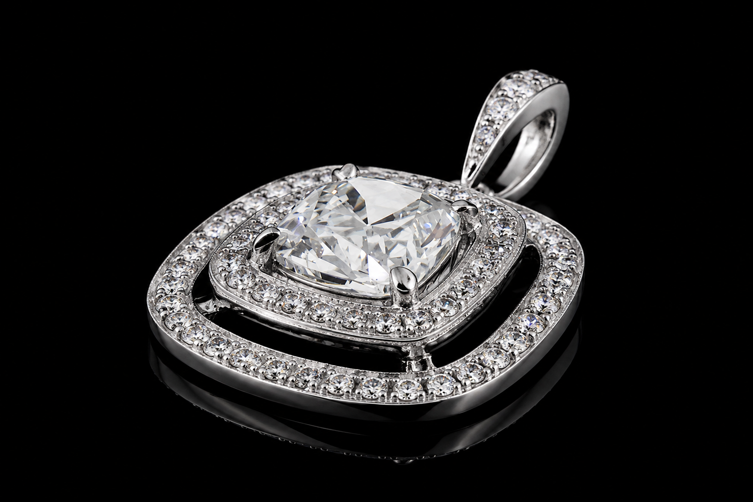 Platinum Cushion Cut Diamond Double Halo Pendant (pend038)
