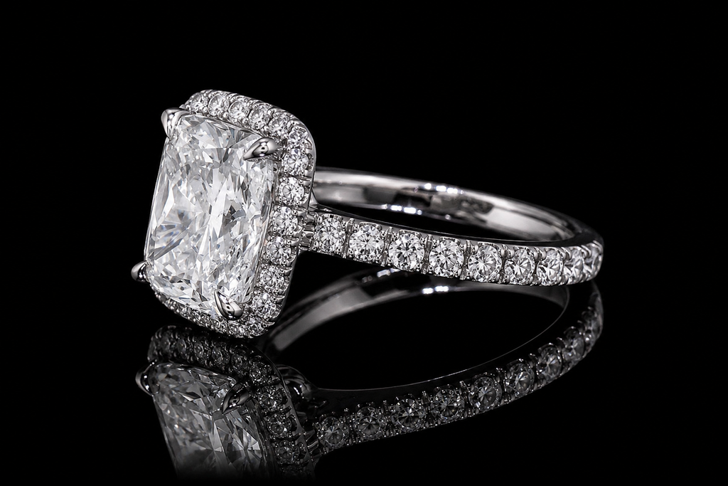 Cushion Cut Diamond Halo Ring with Pavé Band (eng548)