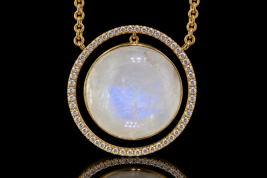 18K Yellow Gold Moonstone Micropavé Diamond Pendant (pend087)
