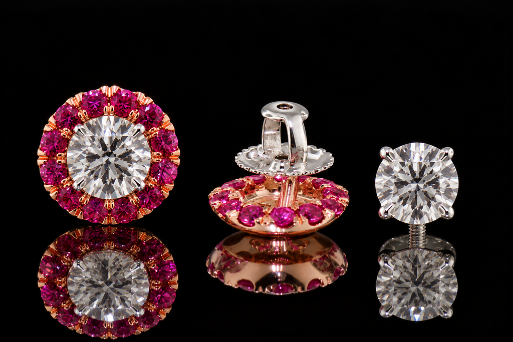 Two-Tone Diamond Studs with Pink Sapphire Halo Jackets (ear006)
