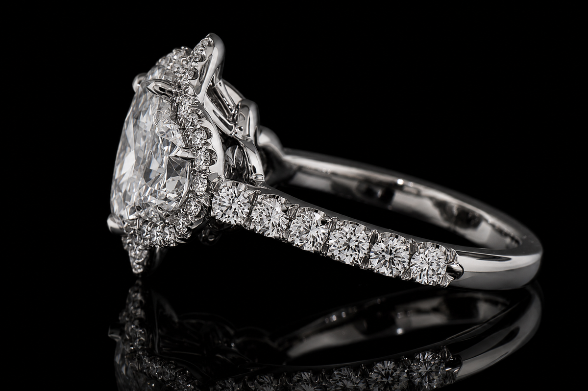 Oval Diamond Three-Stone Halo Engagement Ring (eng433)