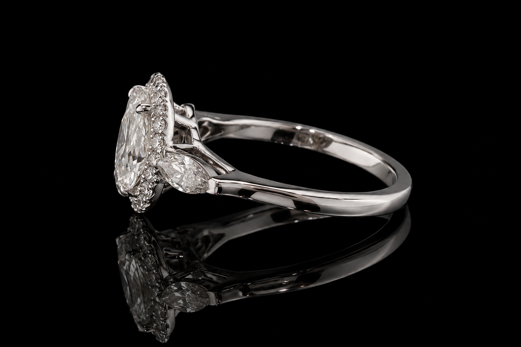 Oval Diamond Halo Ring with Pear Side Stones (eng469)