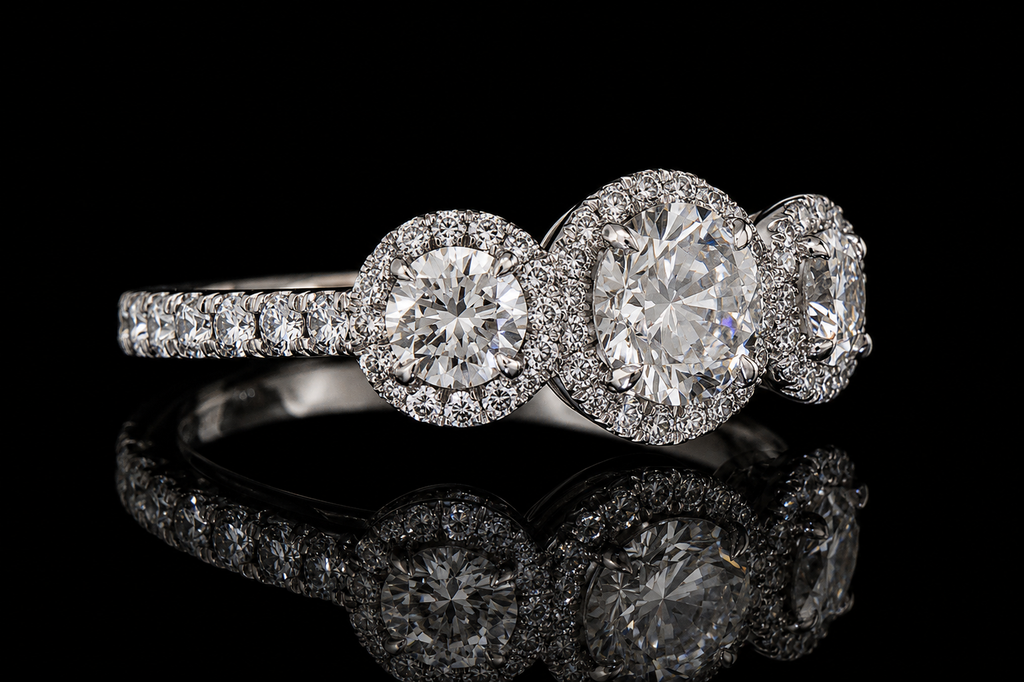 Three-Stone Halo Diamond Engagement Ring (eng406)
