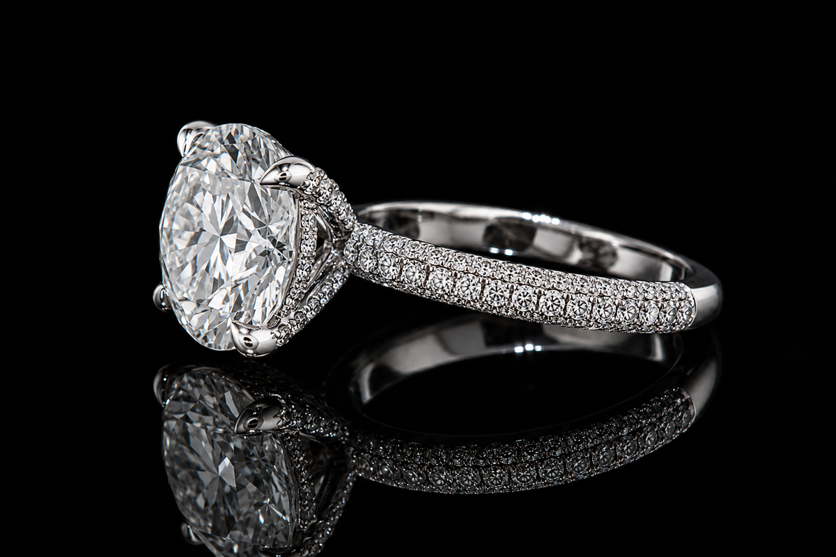 Round Brilliant Diamond Solitaire Ring with Triple Pavé Band (eng500)