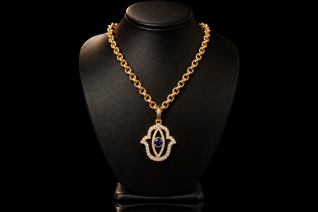 Diamond Hamsa Pendant with Blue Sapphire in Yellow Gold (pend172)