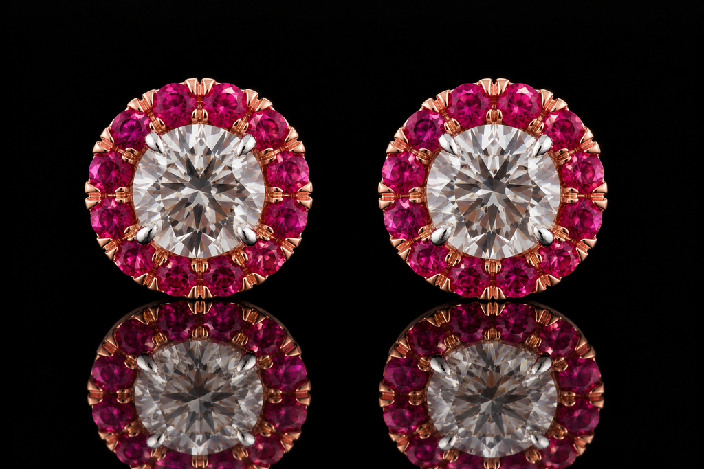Two-Tone Diamond Studs with Pink Sapphire Halo Jackets (ear006)