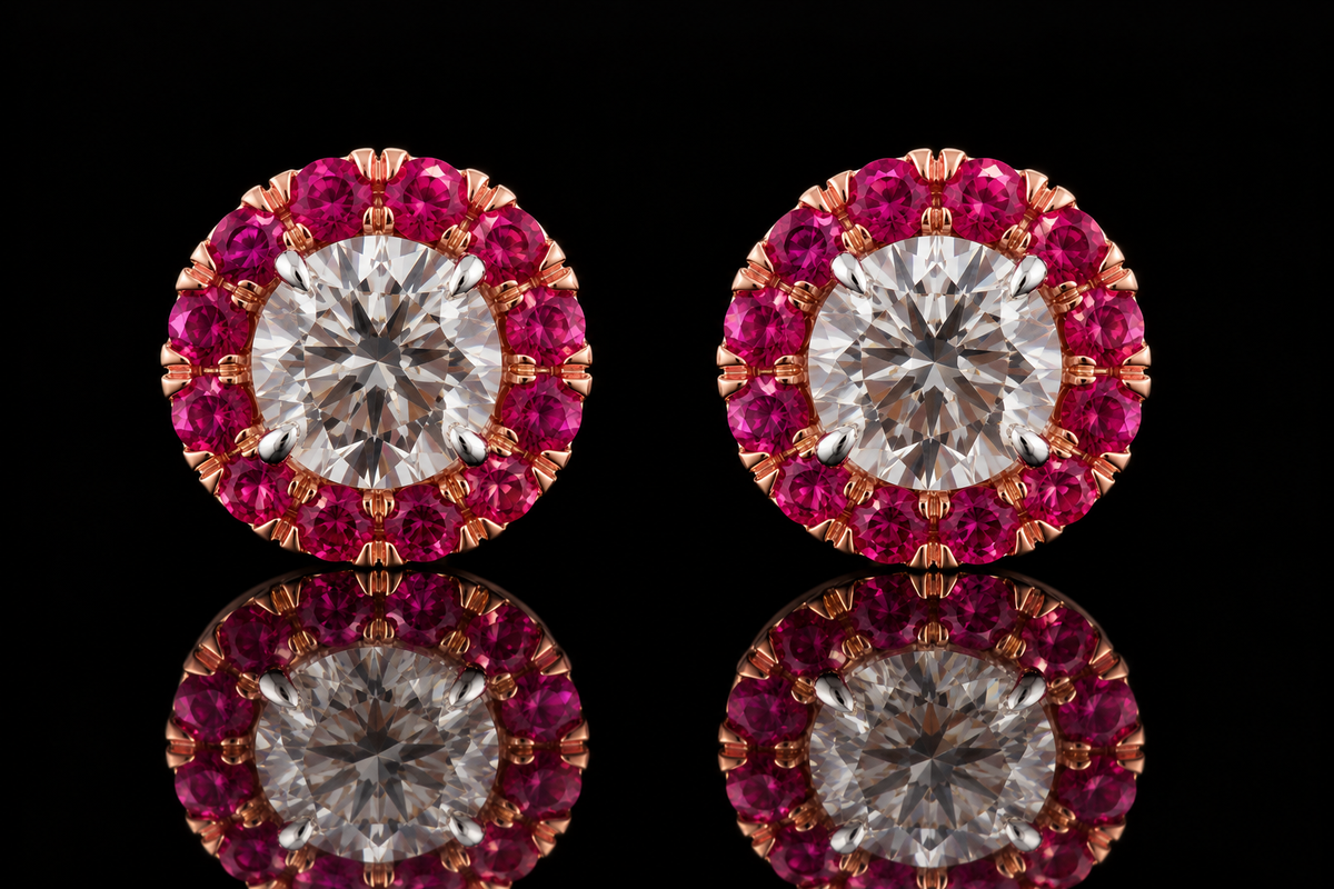 Two-Tone Diamond Studs with Pink Sapphire Halo Jackets (ear006)