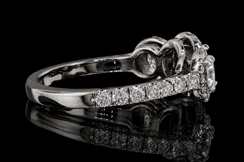 Three-Stone Halo Diamond Engagement Ring (eng406)