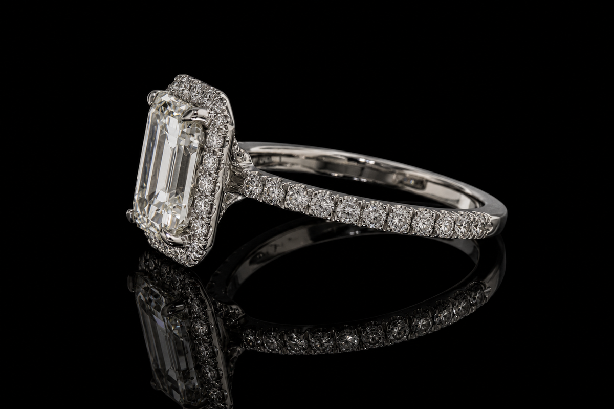 Emerald Cut Diamond Halo Ring with Pavé Band (eng463)